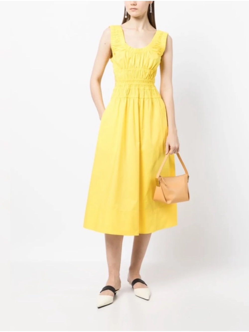 Proenza Schouler Yellow poplin gathered Smocked Midi Dress